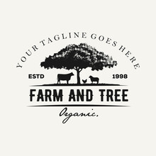 Illustration Of Oak Tree With Animal Farm Vintage Style Logo Premium Vector