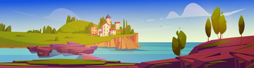 Summer landscape with sea harbor, city on island and wooden bridge over strait. Vector cartoon illustration of mediterranean town on sea coast, old wood pier, stones, green grass and trees