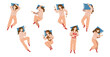 Woman sleep on pillow in different poses top view. Vector illustration of various positions for night relax with sleeper girl in pyjama and mask lying on side, back and stomach