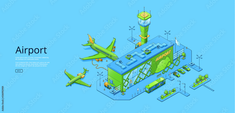Poster with isometric airport terminal, planes on runway and traffic ...