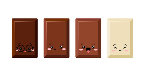 Wall Mural - Cute rectangular chocolate bar piece kids emoji character vector set. Funny dark, bitter, milky and white choco chunk smill face. Kawaii cartoon style cacao sweet food morsel emoticon illustration