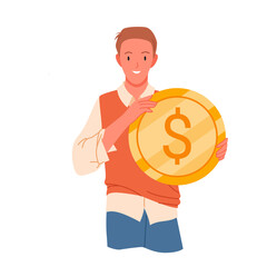 Man holding big gold dollar coin vector illustration. Cartoon happy male character standing, giving or taking cash money isolated on white. Budget, financial donation, cashback or payment concept