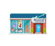 Musical Instruments Shop Building Showcase. City Local Business Building, Store Storefront With Big Signboard On Entrance, Electric Guitars, Synthesizer And Violin In Window