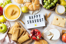 Jewish Religious Holiday Shavuot With Dairy Products, Cheesecake, Pancakes, Fruits