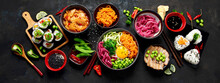 Assortment Of Korean Food On Dark Background.