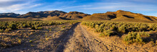 Wide Open Desert Landscape At Sunset With Dirt Road In Nevada