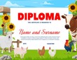 Farmer diploma cartoon farm animals on the meadow. Vector certificate with cow and sheep, pig and fowl chicken with rooster in village or ranch. Agricultural achievement or award frame diploma
