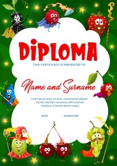 Poster - kids diploma. Cartoon berry wizard, mage and fairy characters. Child celebration invitation, kids graduation vector certificate or award with honeysuckle, gooseberry and grape, strawberry personages