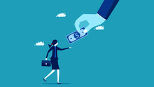 Give A Money Reward. Business Women Get Paid. Business Concept Vector Illustration
