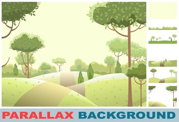 Wall Mural - Road. Amusing beautiful forest landscape. Set parallax effect. Trail Cartoon style. path through hills with grass. Cool romantic beauty. Flat design illustration. Vector