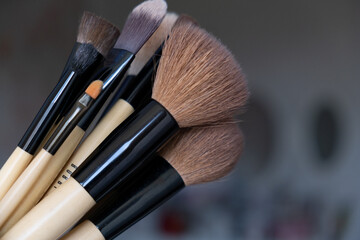 Set of makeup brushes on a dark background. Variable focus