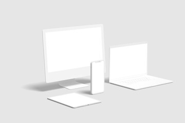 Wall Mural - clay responsive devices mockup blank : monitor, tablet, phone, laptop