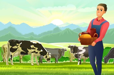 Wall Mural - boy farmer with basket. cows are grazing. rural landscape hills. green pasture grass. summer view. f