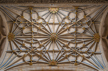 detalle techo artesonado y ornamentado en una capilla de la catedral de salamanca, españa