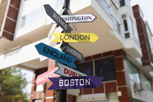 Pillar sign with pointers of different cities and countries