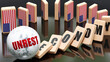 USA and unrest, economy and domino effect - chain reaction in USA economy set off by unrest causing an inevitable crash and collapse - falling economy blocks and USA flag,3d illustration