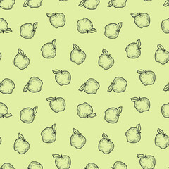 Wall Mural - Hand drawn vector seamless pattern with apple fruits, pastel green color background