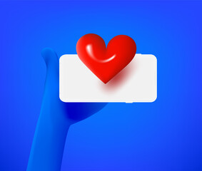 Aufkleber - Cute comic hand with smartphone and heart. 3d vector illustration