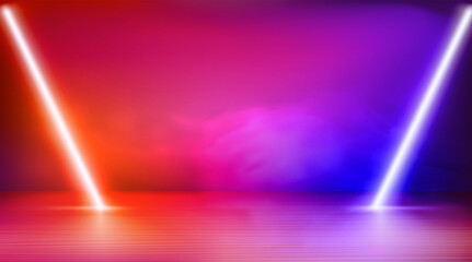 Poster - Modern studio with glowing neon lights and smoke. 3d vector illustration