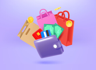 Aufkleber - Shopping concept with wallet, bags, cards and banknotes. 3d vector illustration
