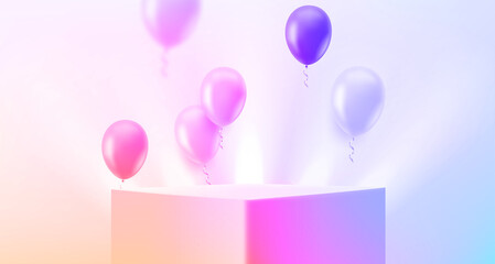 Poster - Illuminated podium with air balloons in bright room. Showcase for a product. 3d vector illustration