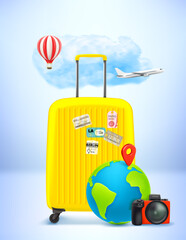 Poster - World travel concept with travel accessories. 3d vector illustration