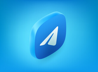Poster - Blue icon with paper plane pictogram on blue background. 3d vector illustration