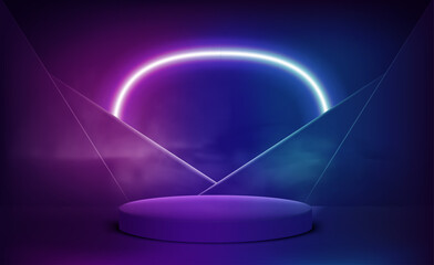 Poster - Vivid interior with podium and neon light with fog. Vector 3d illustration