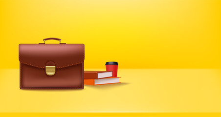 Aufkleber - Briefcase with coffee and books. 3d vector banner with copy space