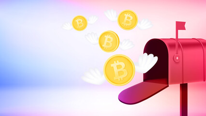 Aufkleber - Flying bitcoins coins. 3d vector banner with copy space