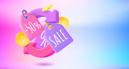 Poster - Shopping cashback concept with shopping tags. 3d vector banner with copy space
