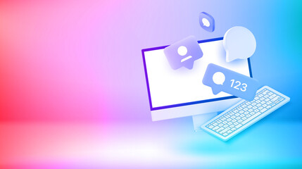 Poster - Computer with messengers icons. Vector 3d banner with copy space