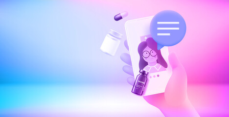 Aufkleber - Internet consultation with the doctor via mobile application. 3d vector banner with copy space