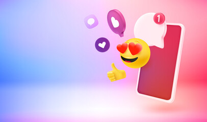 Aufkleber - Smartphone with online notifications and emoji. 3d vector banner with copy space