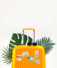 Aufkleber - Travel suitcase and palm leaves. Summer travel concept. 3d vector banner with copy space