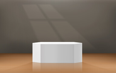 Poster - Wooden empty interior mockup with podium and sunlight effect. Template for design. Vector 3d illustration