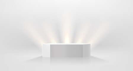 Poster - Illuminated white interior with bright spotlights and podium. Showcase for a product. 3d vector illustration