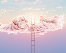 A Surreal Concept Of A Regular Aluminium Ladder Pushing Through A Fluffy Cloud On A Peach Sky Background - 3D Render