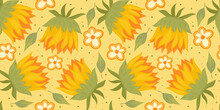 Sunflower Seamless Pattern With Flower, Leaf. Cartoon Yellow Illustration. Floral Seamless Pattern. Summer Bright Floral Design. Vector Illustration.