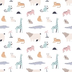 Poster - Seamless Scandinavian pattern. Childish background with cute animals repeating print. Scandi-styled endless texture design with baby characters. Kids flat vector illustration for textile, decoration