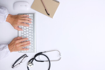 Poster - Office desk flat lay background with computer laptop and office equipment for work area copy space and education school concepts.