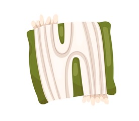 Poster - Comfy square cushion with fringe. Decorative soft bicolor pillow design. Bed and couch decor for home interior. Cosy house decoration, ornament. Flat vector illustration isolated on white background