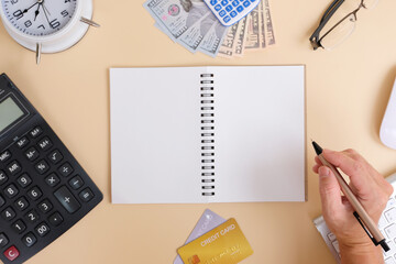 Poster - Workspace desk - Flat lay top view mockup. Workspace image with laptop, smartphone, coffee and notebook 
