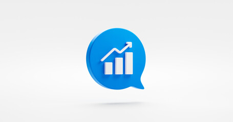 Wall Mural - Blue up arrow graph 3d icon bubble message isolated on white background with business finance profit chart symbol or growth money stock financial investment diagram and success grow economy exchange.