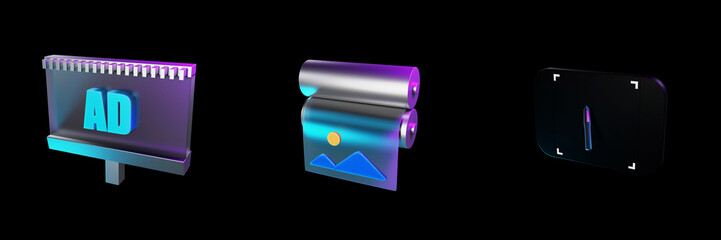 Billboard, Large Format Printing and Graphics Tablet icon set on black background illustration on the theme of graphic design development 3d render