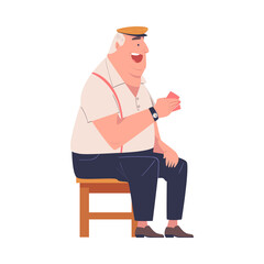 Sticker - Senior Man Character Playing Cards Game Sitting on Chair Vector Illustration