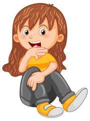 Wall Mural - Happy girl cartoon character sitting on white background