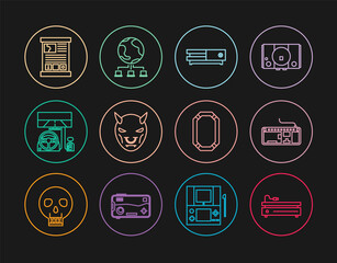 Poster - Set line Video game console, Computer keyboard, Mask of the devil with horns, Racing simulator cockpit, Game guide, Poker table and network icon. Vector