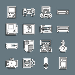 Poster - Set line Create account screen, Bottle with magic elixir, Video game console, Game joystick, Mystery or random box, Portable video, Retro arcade machine and Mobile playing icon. Vector