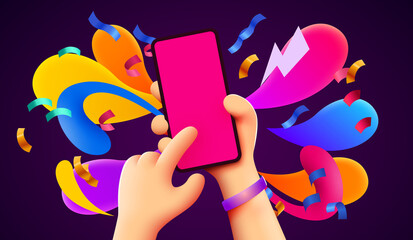 Holding phone in two hands. Phone mockup. Color explosion. Touching screen with finger.